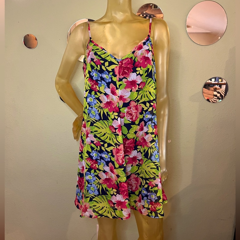 Women’s Tropical Floral Mini Shift Dress, Size L